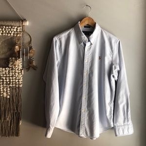 Ralph Lauren Classic Fit Oxford Blue Seersucker Button Down Shirt Polo Logo 16